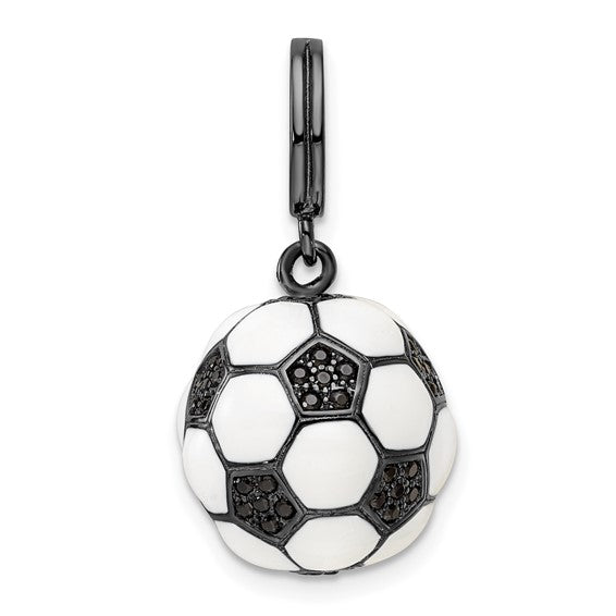 Sterling Silver 3D Soccer Ball Pendant With Black CZ Stones White Gold Plated