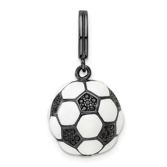 Sterling Silver 3D Soccer Ball Pendant With Black CZ Stones White Gold Plated