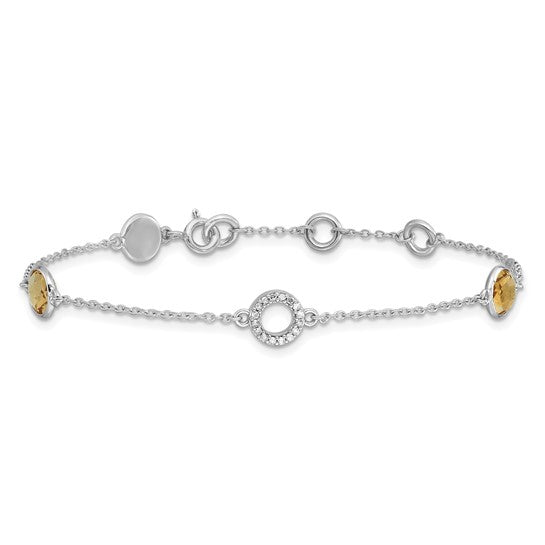 White Ice Sterling Silver White Gold Plated Natural Citrine Gemstone Bracelet