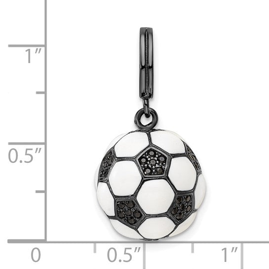 Sterling Silver 3D Soccer Ball Pendant With Black CZ Stones White Gold Plated