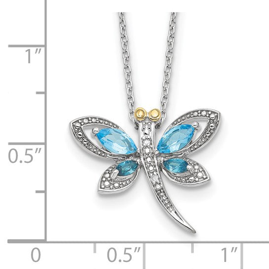 White Gold Filled Sterling Silver Dragon Fly Blue Topaz Pendant