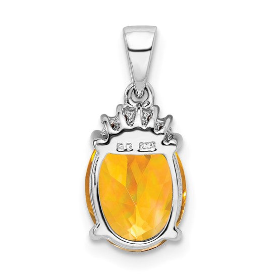 Sterling Silver White Gold Plated Center Natural Citrine & Diamond Crown Pendant