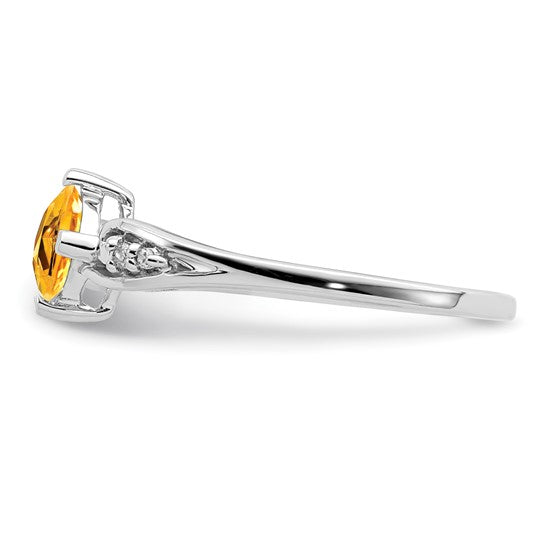 Sterling Silver White Gold Plated Diamond Shape Natural Citrine & Diamond Ring