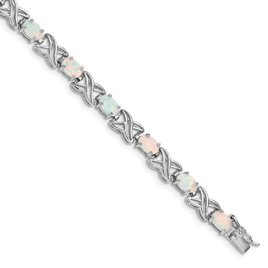 Sterling Silver White Gold Plated XO Lab Created Opal Bracelet
