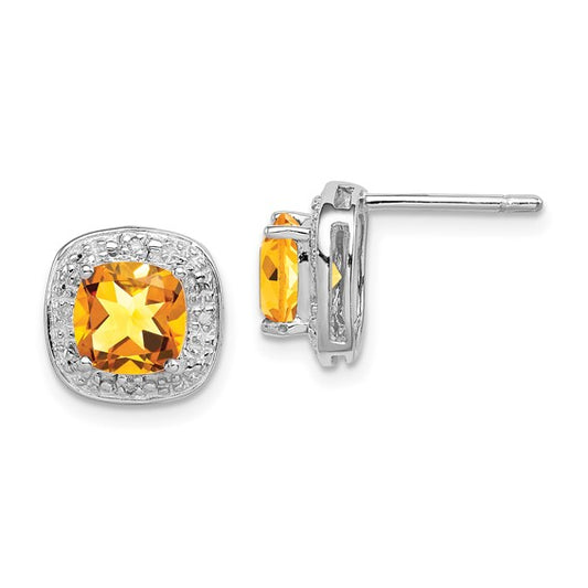 Sterling Silver White Gold Plated Natural Citrine & Diamond Square Halo Earrings