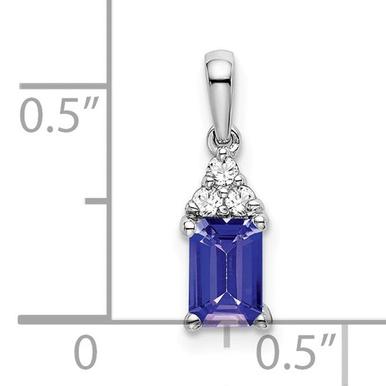 14K White Gold Emerald Cut Natural Tanzanite & Diamond Pendant
