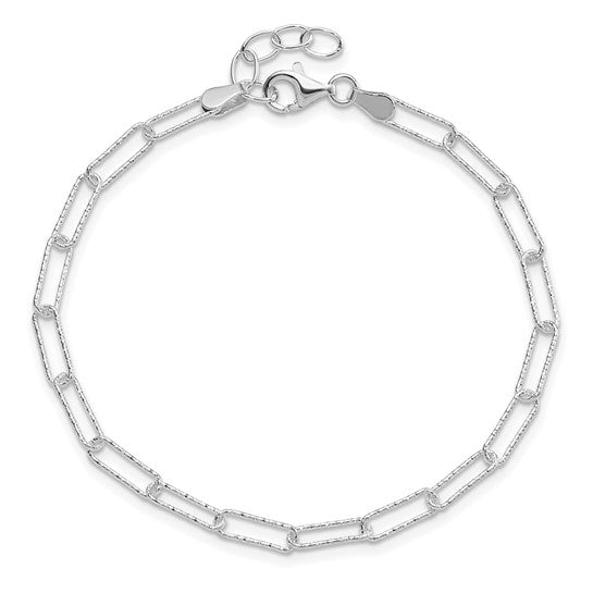 White Gold Filled Sterling Silver Diamond Cut Textured Paperclip Bracelet