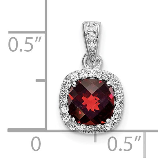 Sterling Silver 1 Carat Cushion Cut Garnet & White Sapphire Halo Pendant