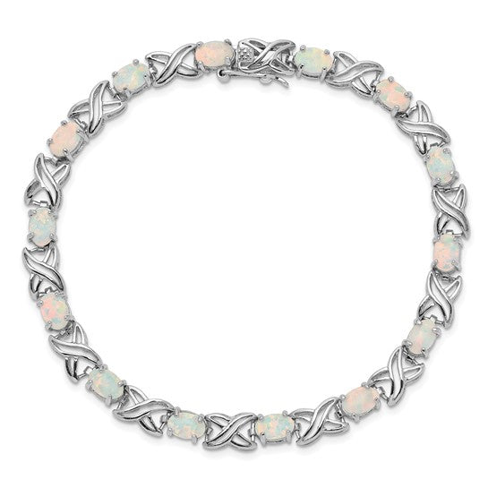 Sterling Silver White Gold Plated XO Lab Created Opal Bracelet