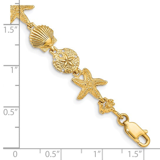 14K Yellow Gold Star Fish, Sand Dollar, & Sea Shell Bracelet