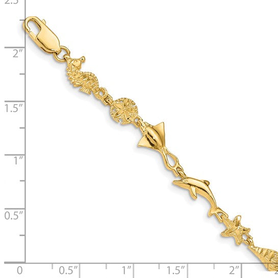 14K Yellow Gold Sea Horse, Stingray, Sea Shell, Dolphin, Turtle, & Sand Dollar Bracelet