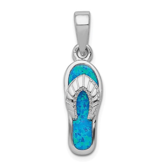 Sterling Silver White Gold Lab Created Blue Opal Flip Flop Pendant