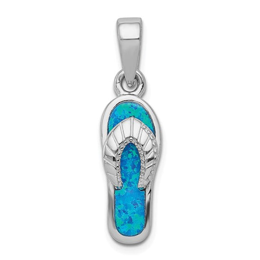 Sterling Silver White Gold Lab Created Blue Opal Flip Flop Pendant