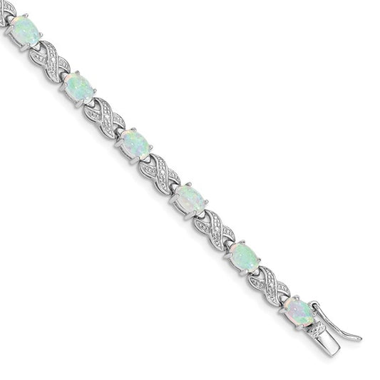 Sterling Silver White Gold Plated XO Solid Bracelet With Lab Created Opal