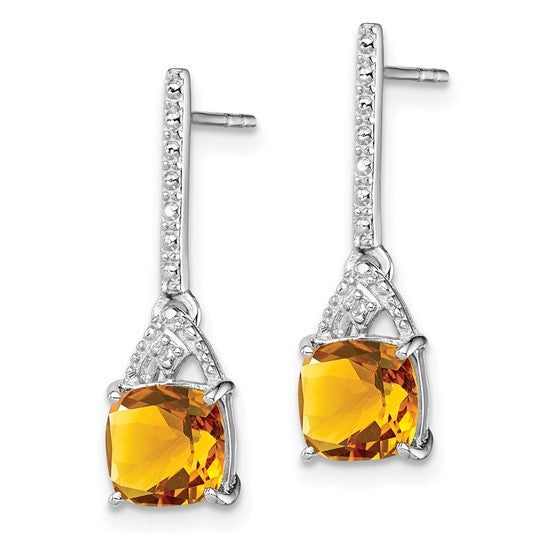 Sterling Silver White Gold Plated Square Natural Citrine & Diamond Dangle Earrings