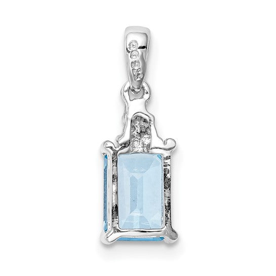 White Gold Filled Sterling Silver Emerald Cut Blue Topaz & Diamond Pendant