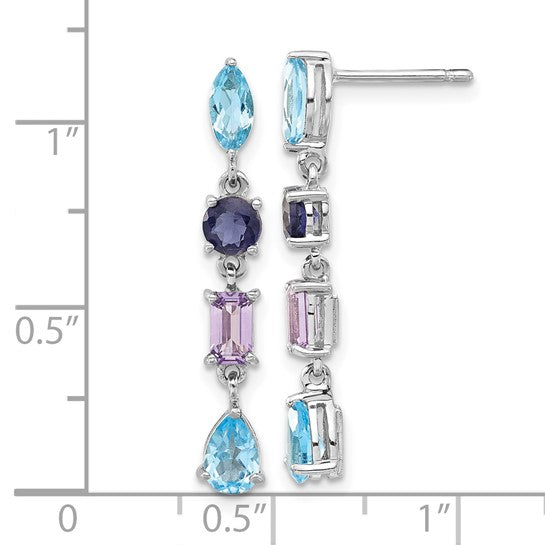 White Gold Filled Sterling Silver Multi Gemstone Topaz & Amethyst Dangle Earrings