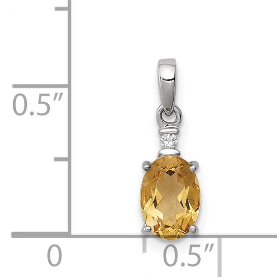 Sterling Silver White Gold Plated Oval Natural Citrine & Diamond Pendant