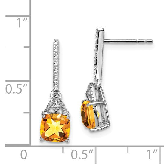 Sterling Silver White Gold Plated Square Natural Citrine & Diamond Dangle Earrings
