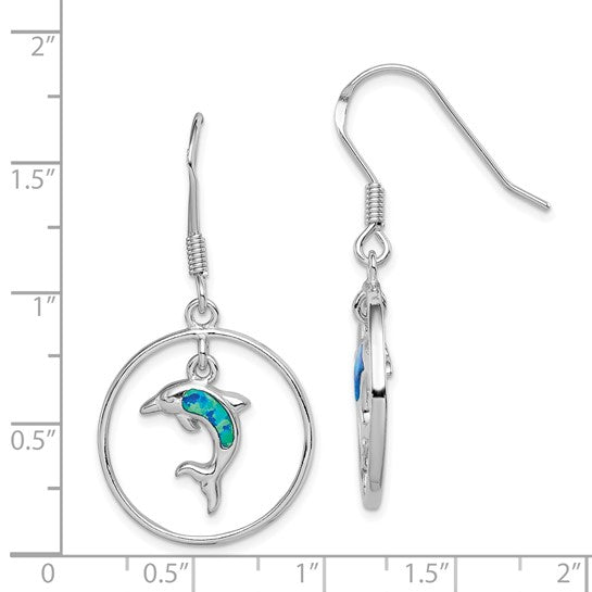Sterling Silver White Gold Plated Dolphin Hoop Earrings Inlayed With Lab Created Blue Opal