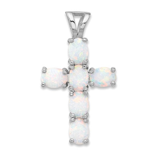 Sterling Silver Lab Created Opal Stone Cross Pendant
