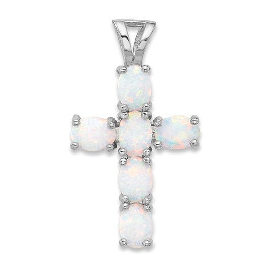Sterling Silver Lab Created Opal Stone Cross Pendant