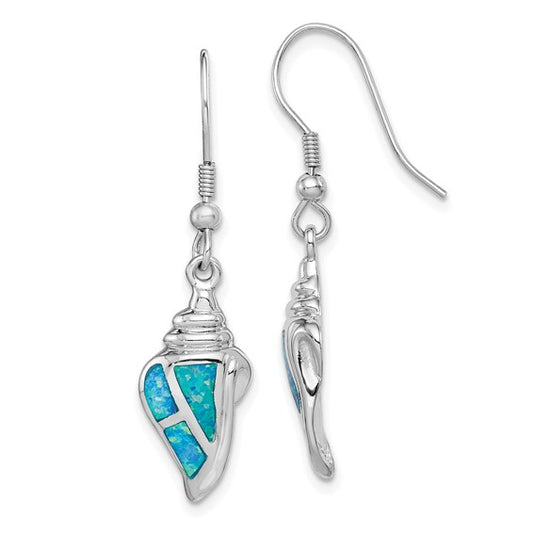 Sterling Silver White Gold Plated Shell Earrings With Lab Created Blue Opal Inlay