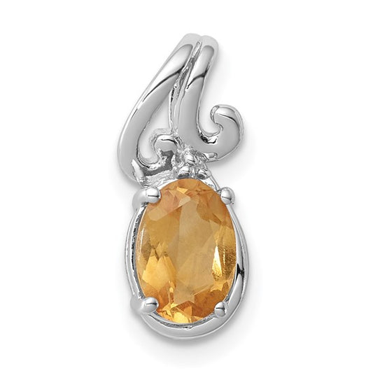 Sterling Silver White Gold Plated Natural Citrine & Diamond Oval Fancy Pendant