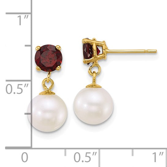 14K Yellow Gold Natural Garnet & Pearl Earrings