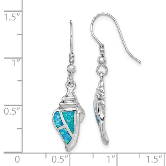 Sterling Silver White Gold Plated Shell Earrings With Lab Created Blue Opal Inlay