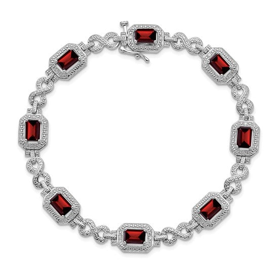 Sterling Silver White Gold Emerald Cut Natural Garnet Halo Bracelet