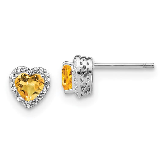 Sterling Silver White Gold Plated Natural Citrine Heart Shaped Halo Earrings