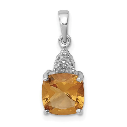 Sterling Silver White Gold Plated Natural Citrine & Diamond Square Stone Pendant