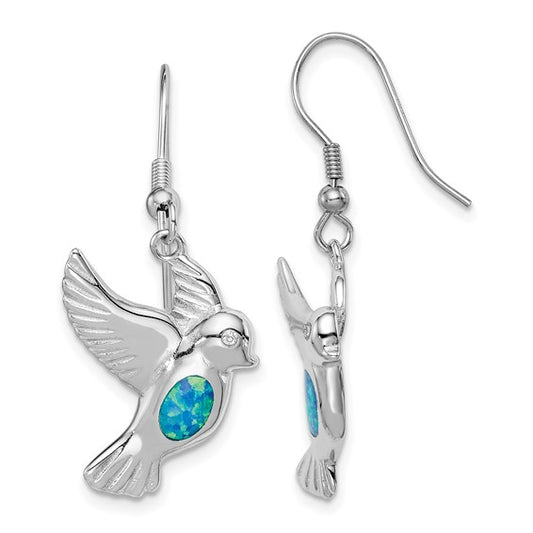 Sterling Silver While Gold Plated Dove Lad Created Blue Opal Earrings