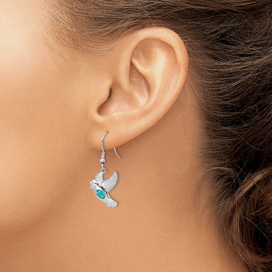 Sterling Silver While Gold Plated Dove Lad Created Blue Opal Earrings