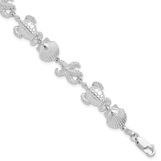 Sterling Silver Rhodium Plated Sea Life Shell, Turtle, And Star Fish Bracelet