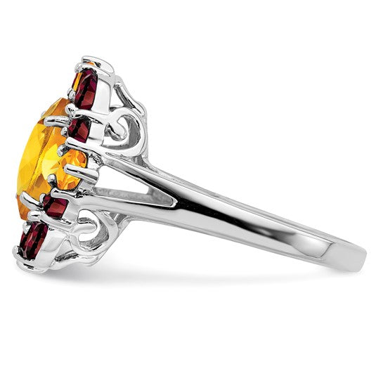 Sterling Silver White Gold Plated Citrine & Garnet Cluster Ring