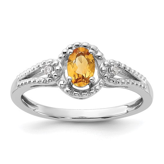 Sterling Silver White Gold Plated Studded Band Natural Citrine & Diamond Ring