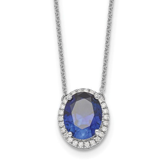 14K White Gold Oval Sapphire & Diamond Necklace With Pendant