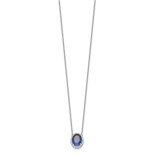 14K White Gold Oval Sapphire & Diamond Necklace With Pendant