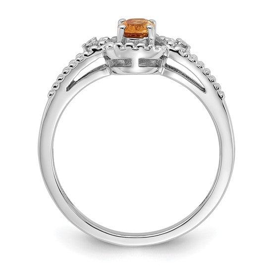 Sterling Silver White Gold Plated Studded Band Natural Citrine & Diamond Ring
