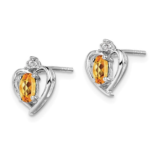 Sterling Silver White Gold Plated Victorian Style Natural Citrine & Diamond Heart Pendant
