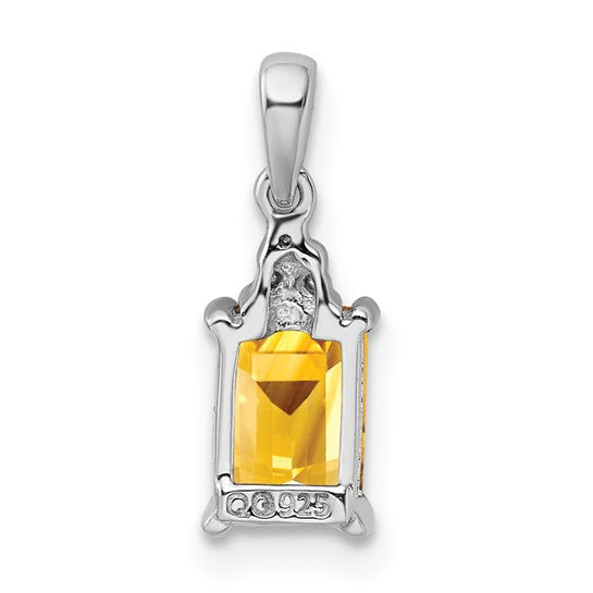 Sterling Silver White Gold Plated Emerald Cut Natural Citrine & Diamond Pendant
