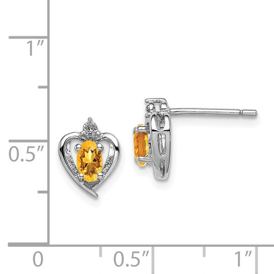 Sterling Silver White Gold Plated Victorian Style Natural Citrine & Diamond Heart Pendant