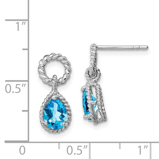 White Gold Filled Sterling Silver Twisted Rope Blue Topaz Earrings