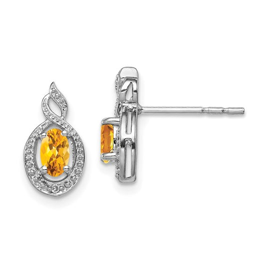 Sterling Silver White Gold Plated Swirl Halo Natural Citrine & Diamond Earrings