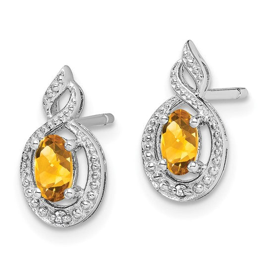 Sterling Silver White Gold Plated Swirl Halo Natural Citrine & Diamond Earrings