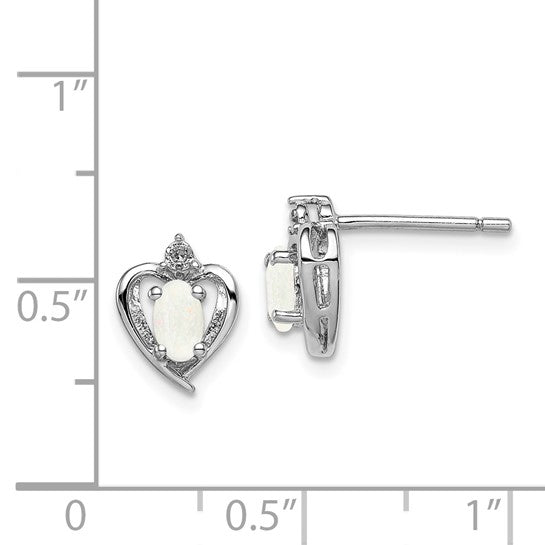 Sterling Silver With White Gold Plating Birthstone Lab Created Opal & Natural Diamond Heart Earrings