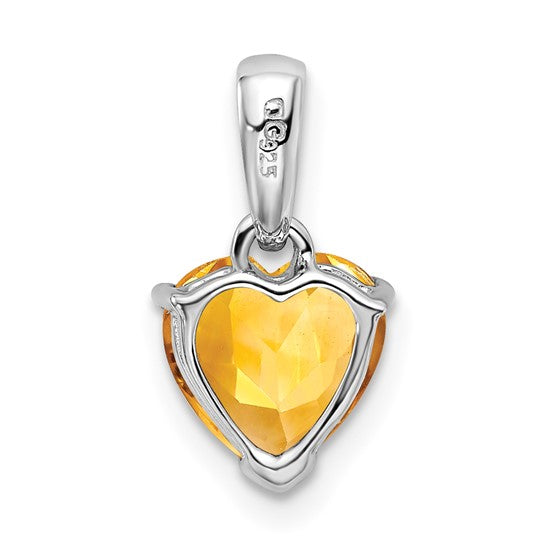 Sterling Silver White Gold Plated Heart Shaped Natural Citrine & Diamond Pendant