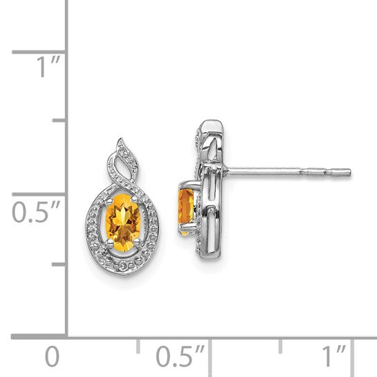Sterling Silver White Gold Plated Swirl Halo Natural Citrine & Diamond Earrings